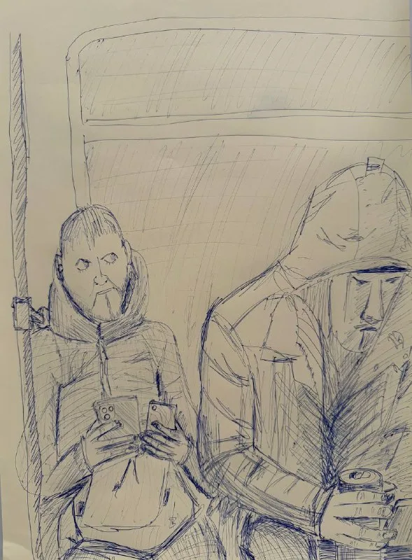 Набросок ручкой: двое мужчин со смартфонами в вагоне метро.